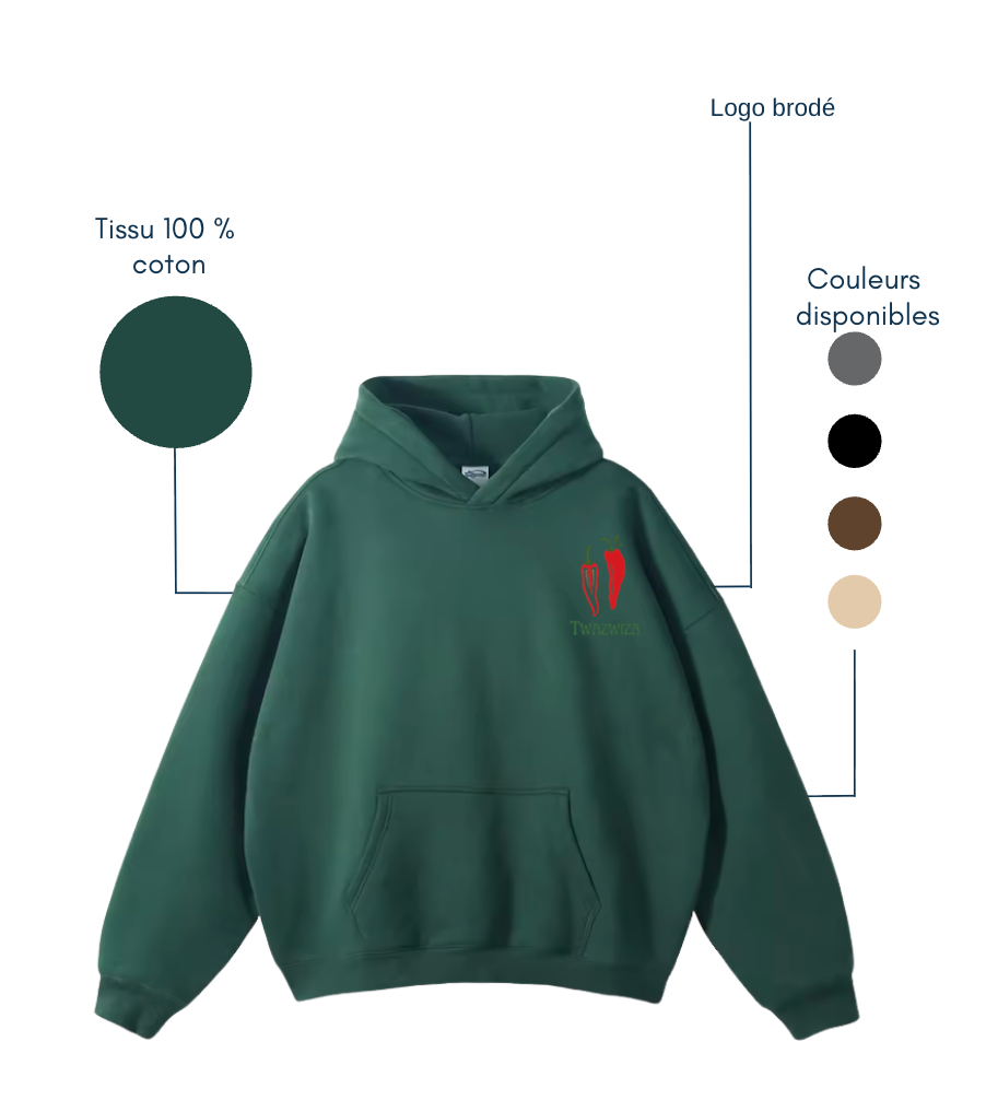 Hoodie Premium – Vert Foncé – Logo Brodé Twazwiza (Unisexe)